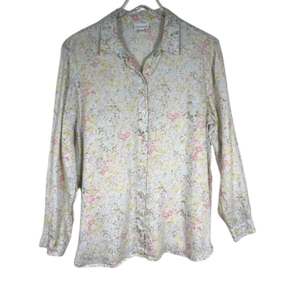 J. Jill Love Linen Missy Floral Print Button-Up Shirt M White Long Sleeve